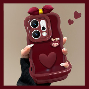 适用OPPOReno15Pro手机壳14新女款蝴蝶结爱心女孩13/12酒红色新年10隐形双支架7/6硅胶Findx9pro波浪边硅胶套