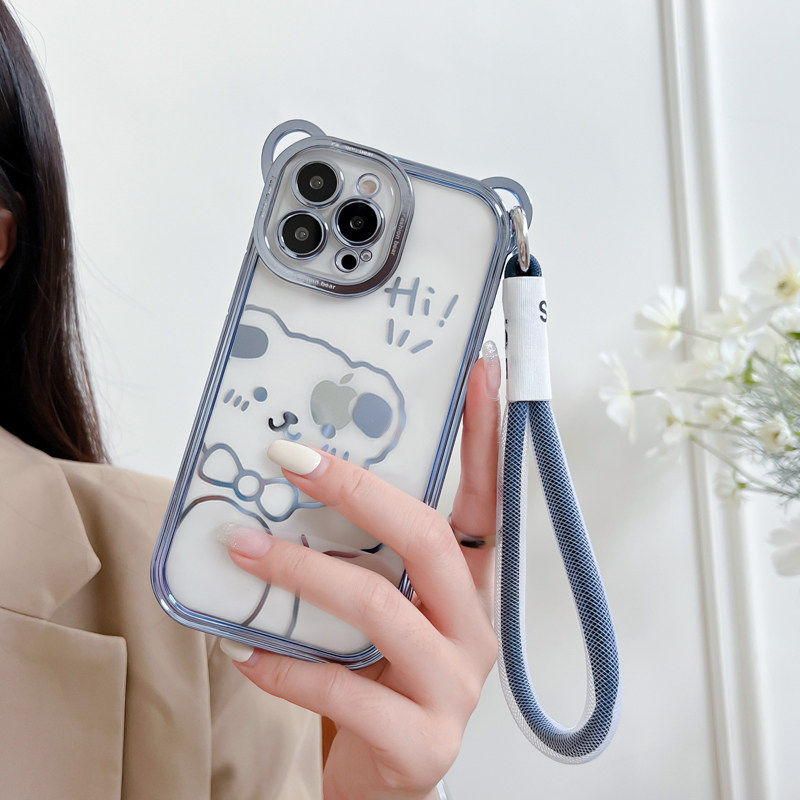 适用苹果17promax手机壳猫耳朵小熊iphone16promax电镀透明15pro新款14腕带挂绳13可爱小清新全包防摔i17软壳