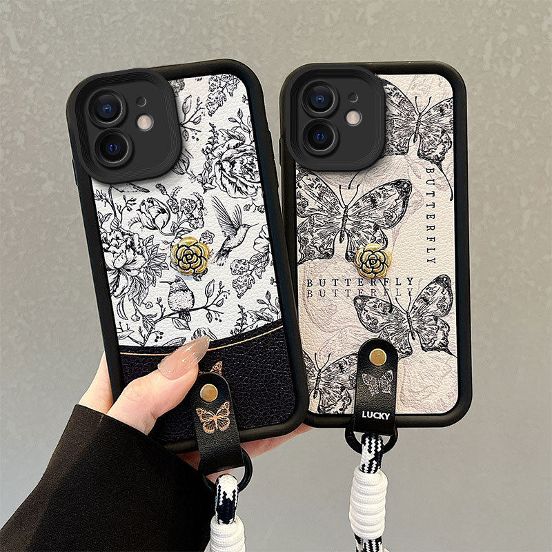 适用苹果11铆钉手绳iPhone6Plus蝴蝶XS时尚跨境SE2荔枝纹手机壳8P