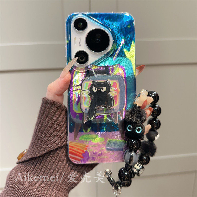 适用华为pura70pro+手机保护壳p70/p60卡通黑猫电视机带支架nova12/11链条挂绳荣耀10090双层新款mate60pro防
