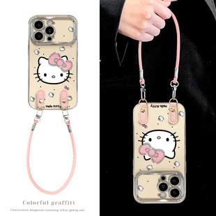 Kt猫蝴蝶结挂绳适用苹果13可爱手机壳iphone16新女款14pro电镀15