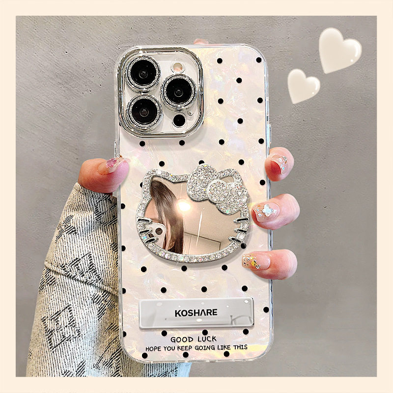 波点kt猫镜子支架适用苹果16手机壳15轻奢高级感13pro女生14防摔