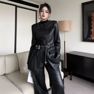 Blackgirl【自带气场】黑色中长款皮衣酷飒拽姐收腰显瘦辣妹外套