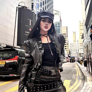 朋克记忆 Blackgirl 复古做旧高级感机车哑光暗纹辣妹皮衣外套