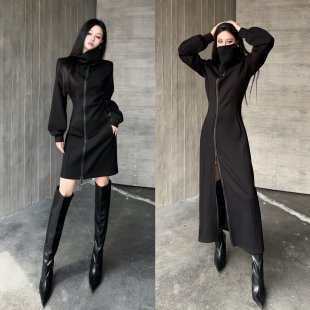 Blackgirl【恶毒姐姐】立领拉链连衣裙长短款秋冬显瘦设计感黑色