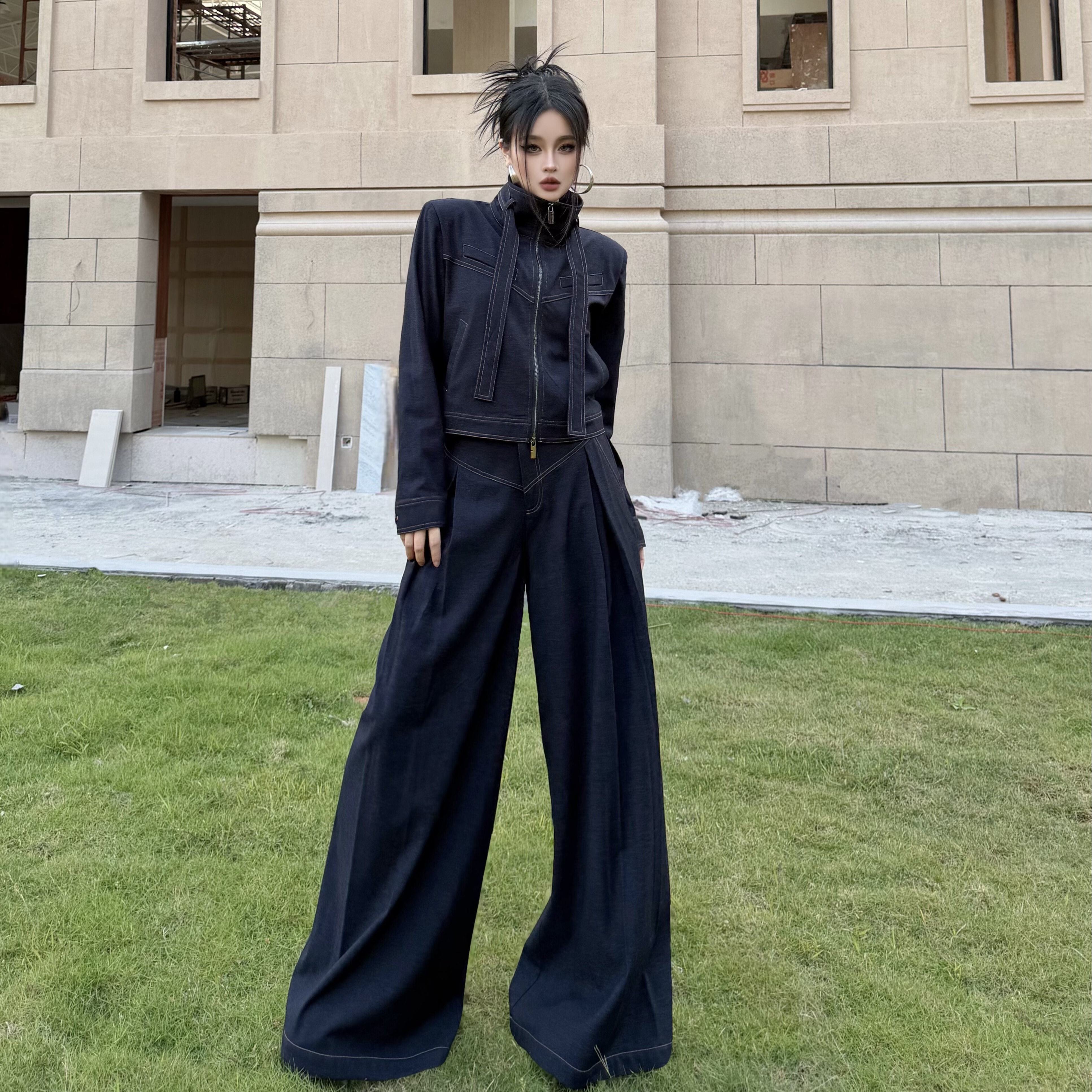 Blackgirl【街头硬帅】早春牛仔套装显瘦复古外套宽松阔腿裤新款,女装/女士精品,时尚套装,淘宝优惠券,粉丝福利购,淘宝优惠卷