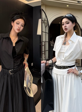 Blackgirl新款【派对公主】法式收腰显瘦衬衫短袖上衣高弹假两件