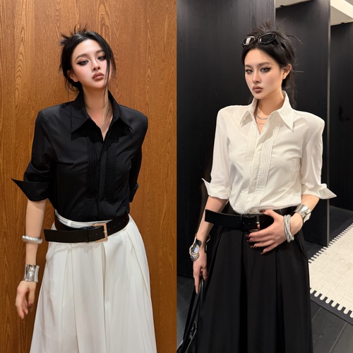 Blackgirl小众通勤压褶长袖衬衫