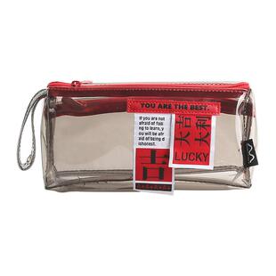 国潮透明双层笔袋逢考必过个性编织标签防水大容量学生提手文具袋