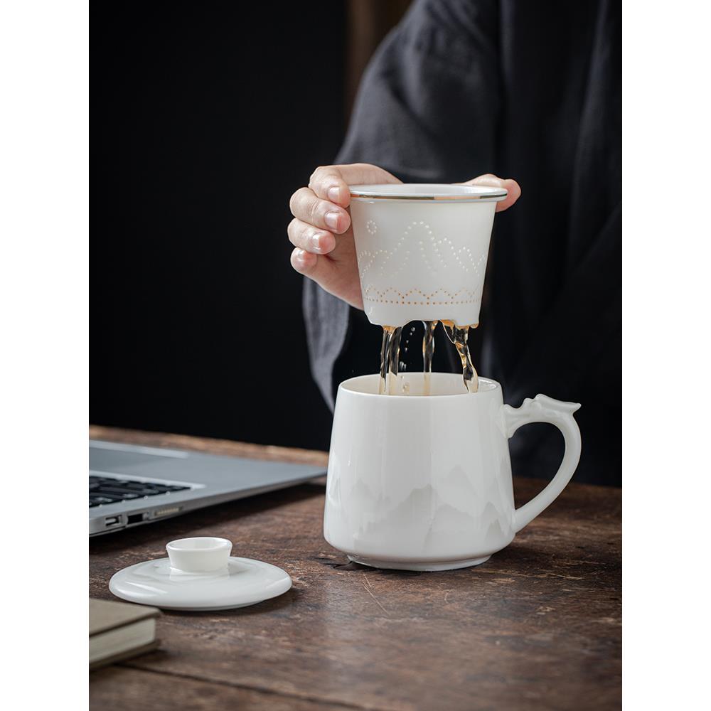 羊脂玉陶瓷办公杯带盖茶水分离德化白瓷泡茶高端马克杯大容量定制