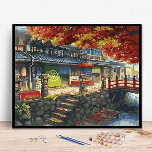 diy数字油画手绘日式 饰挂画 画客厅风景装 茶屋油彩画减压涂色数码