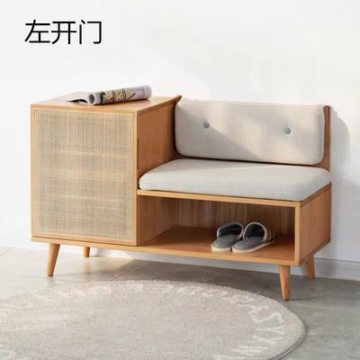 日式藤编家用进门换鞋凳小户型实木鞋柜可坐现代简约收纳储物一