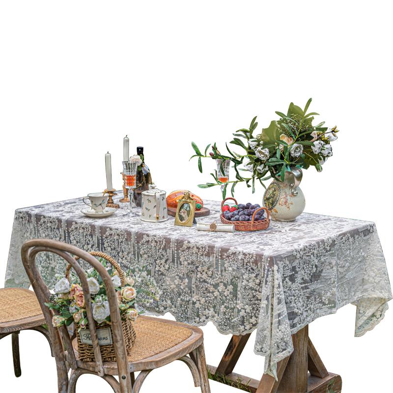 6b76蕾丝桌布ins风复古法式白色茶几圆桌布长方形台布纯色餐桌布