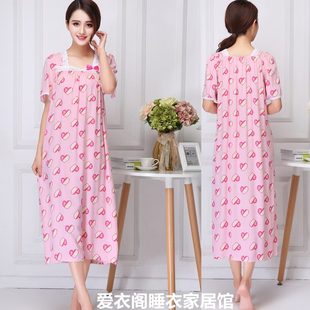 綿綢人造棉綢純棉甜美睡衣家居服超長胖MM孕大碼 超薄睡裙女夏 短袖