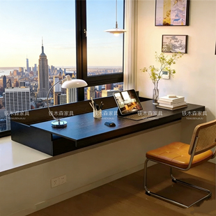 飘窗全实木书桌抽拉伸缩桌面卧室窗台学习电脑桌定制带抽屉储物柜