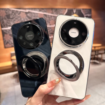 适用华为mate70手机壳新款电镀边框旋转支架mate60pro+钢化玻璃保护套简约高级pura70Pro+自带镜头膜pura80潮