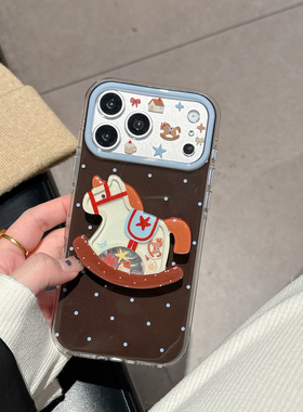 棕色波点+木马支架适用iPhone17promax手机壳16苹果15全包圆边气囊精孔IMD新年马年爆款女简约高级小红书同款