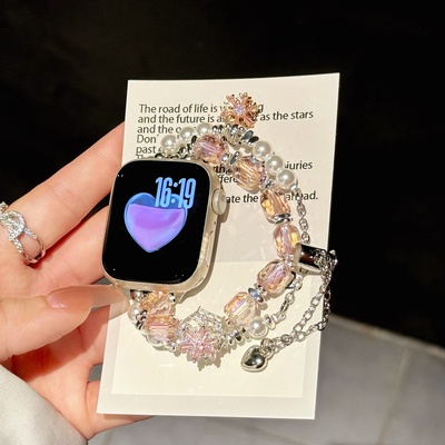赛旋转雪花水晶珍珠串珠适用iwatchS10手表带42mm华为GT5/gt4智能表Oppowatchx2min串珠链FIt4/3/2小米9pro87