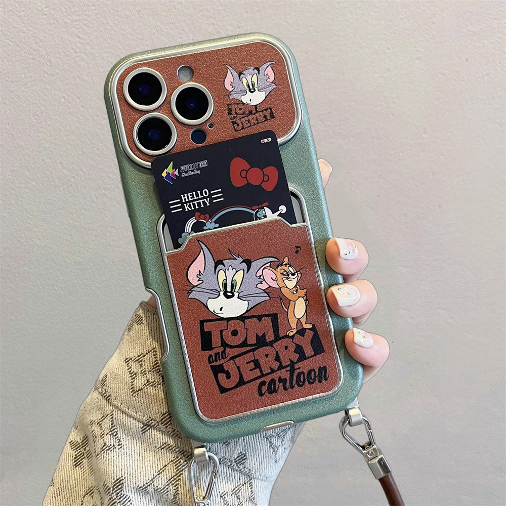 猫和老鼠卡包带手绳适用苹果17promax手机壳iphone16皮质15全包14卡通大视窗13带挂绳可爱女款防指纹高级感