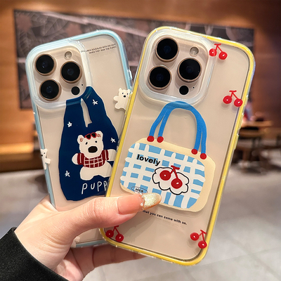 适用苹果16promax手机壳新款袋子樱桃小熊iphone15pro保护套高级感14pm全包防摔13可爱女款16小众15透明超火