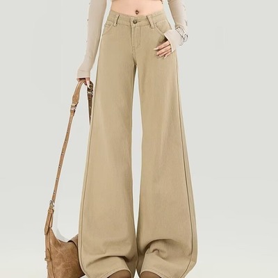 美式卡其色微喇牛仔裤女2025春夏新款高腰显瘦辣妹加绒不贴腿长裤