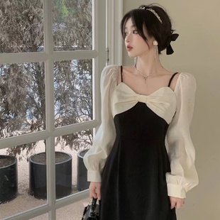 在逃公主假两件吊带连衣裙女秋季新款大码胖妹妹法式赫本风长裙子