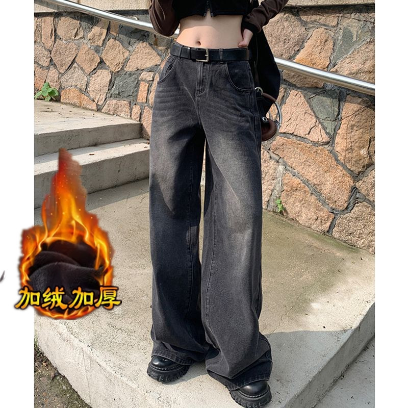 加绒加厚直筒牛仔裤女复古做旧秋冬高腰显瘦垂感拖地裤阔腿长裤潮