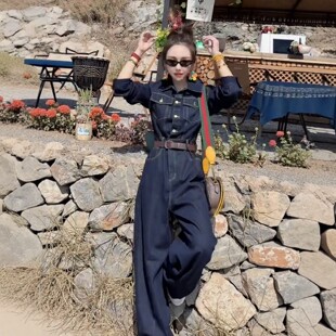 美式 子女装 风牛仔连体裤 胖mm高级复古高腰阔腿连衣裤 女大码 春夏季