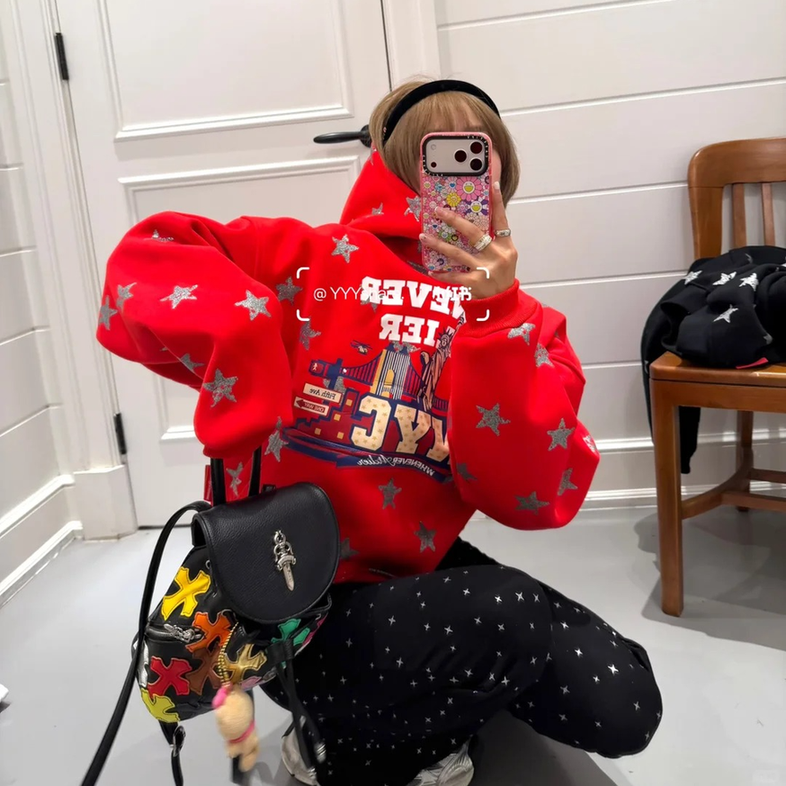 女装2025新款秋冬季红色长款少女云朵绒复加绒口袋连体卫衣女装