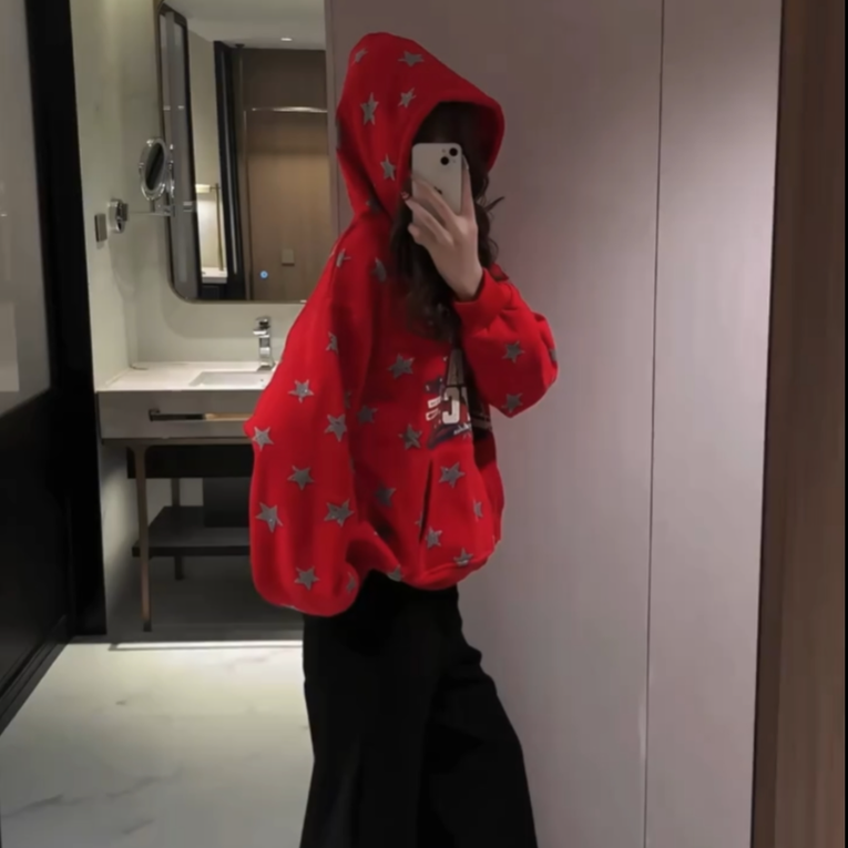 2025新款云朵绒薄款加绒口袋连体印花女装长款简约卫衣少女连帽女