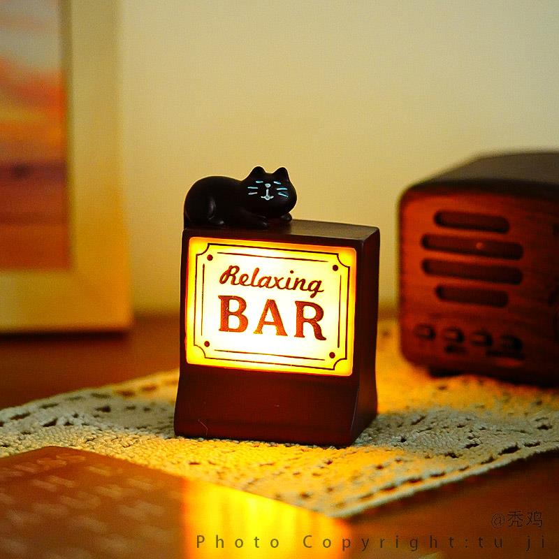 “人生苦短 倒满倒满！”日式黑猫酒吧灯ins树脂工艺品小摆件
