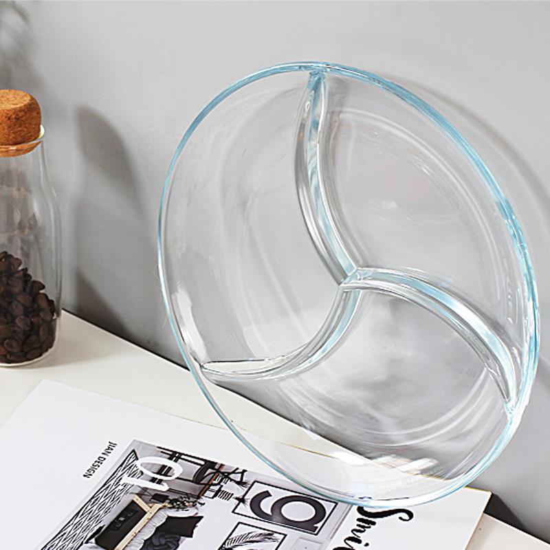 钢化玻璃三分格简食餐盘配菜盘子早餐水果沙拉盘分隔甜品零食盘子