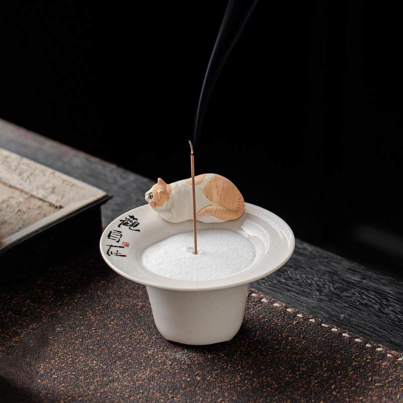 创意手作陶瓷可爱小猫咪香薰炉摆件家用室内线香插香座香炉沉香道