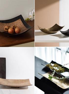 进口铝制覆古做旧金属锤纹矩形果盘摆件侘寂风样板间茶几餐桌装饰