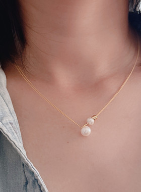 Catsway饰品 欧美通勤百搭淡水珍珠缠绕金线项链锁骨链子母珠项圈