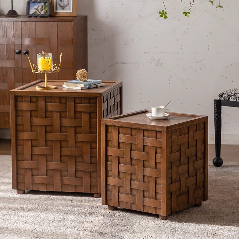 中古实木茶几开盖收纳大容量床头柜侘寂风个性编织造型方桌咖啡桌