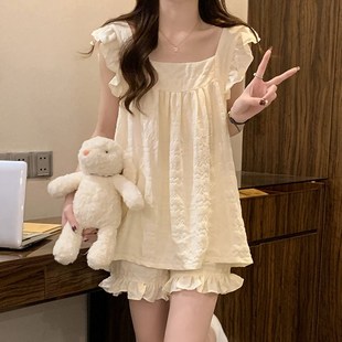 云朵棉小个子X带胸垫两件 甜美奶油杏公主风套装 女夏季 新款 小飞袖