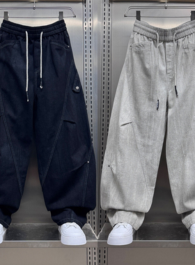 2025秋冬加绒美式潮牌复古拼接机能工装裤男士宽松直筒弯刀休闲裤