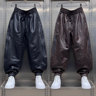 子潮流百搭束脚哈伦裤 外卖骑手防风保暖休闲裤 PU皮裤 秋冬加绒男士