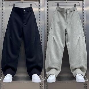 2025冬季加绒简约灰色直筒休闲裤男士宽松百搭阔腿痞帅工装弯刀裤