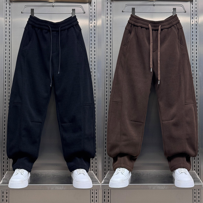 灯芯绒加绒拼接直筒休闲裤