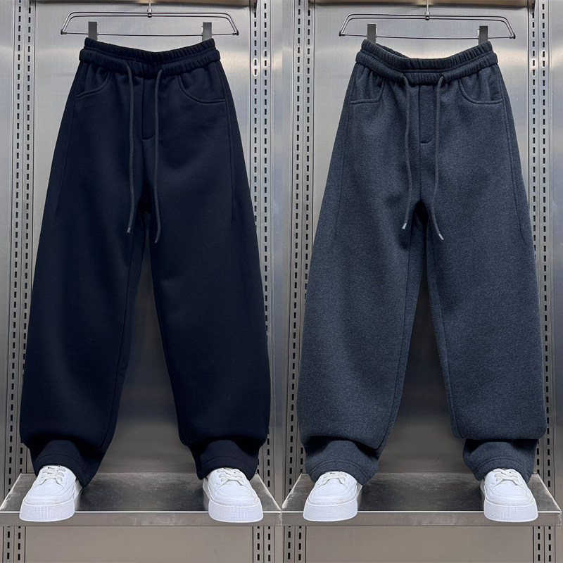2025冬季加绒加厚宽松直筒休闲裤男士抽绳运动卫裤青年帅气阔腿裤