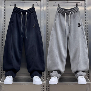 宽松百搭阔腿长裤 秋冬季 男士 加绒加厚潮牌高级感休闲弯刀卫裤 新款
