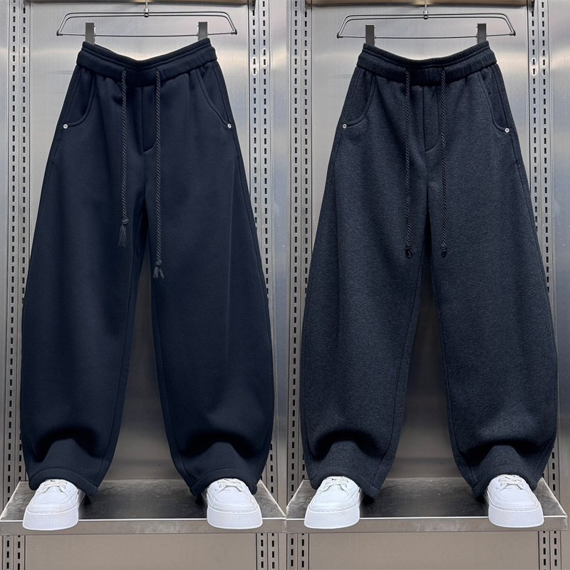 冬季加绒加厚宽松直筒弯刀休闲裤男士抽绳运动卫裤青年帅气阔腿裤