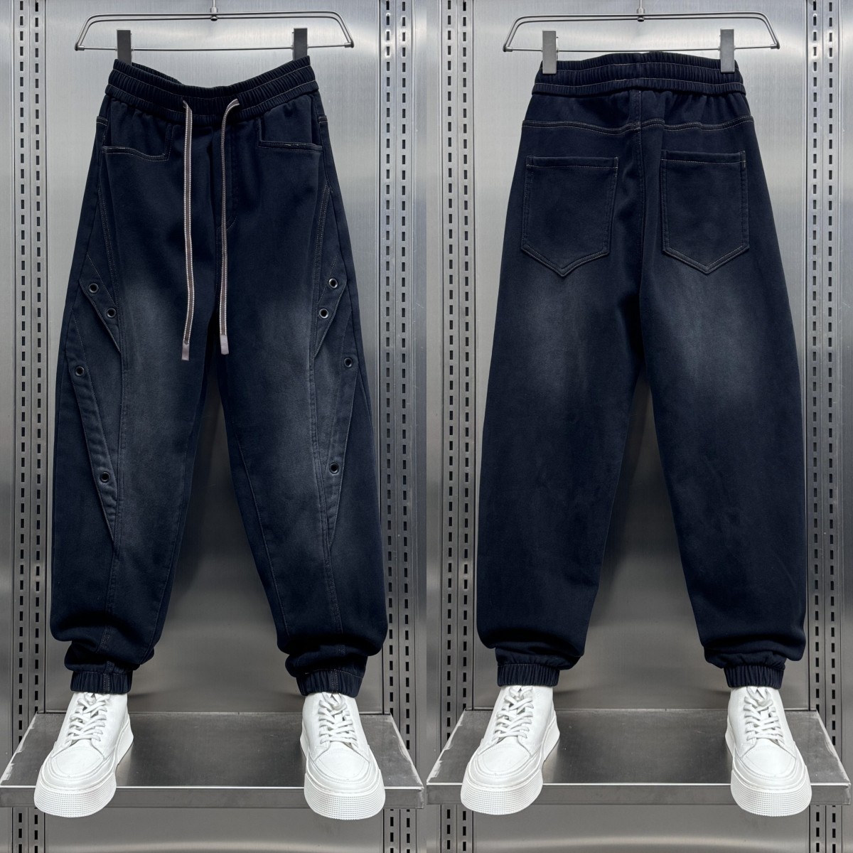 2025秋冬加绒拼接束脚牛仔裤男痞帅水洗棉弹宽松哈伦裤青年长裤子,男装,牛仔裤,淘宝优惠券,粉丝福利购,淘宝优惠卷