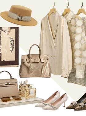 【轻奢女士衣柜】样板房衣帽间摆件米杏色包包衣服连衣裙软装饰品