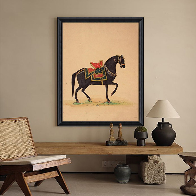 中古风骏马客厅装饰画玄关黑马动物挂画美式复古马到成功手绘油画图片