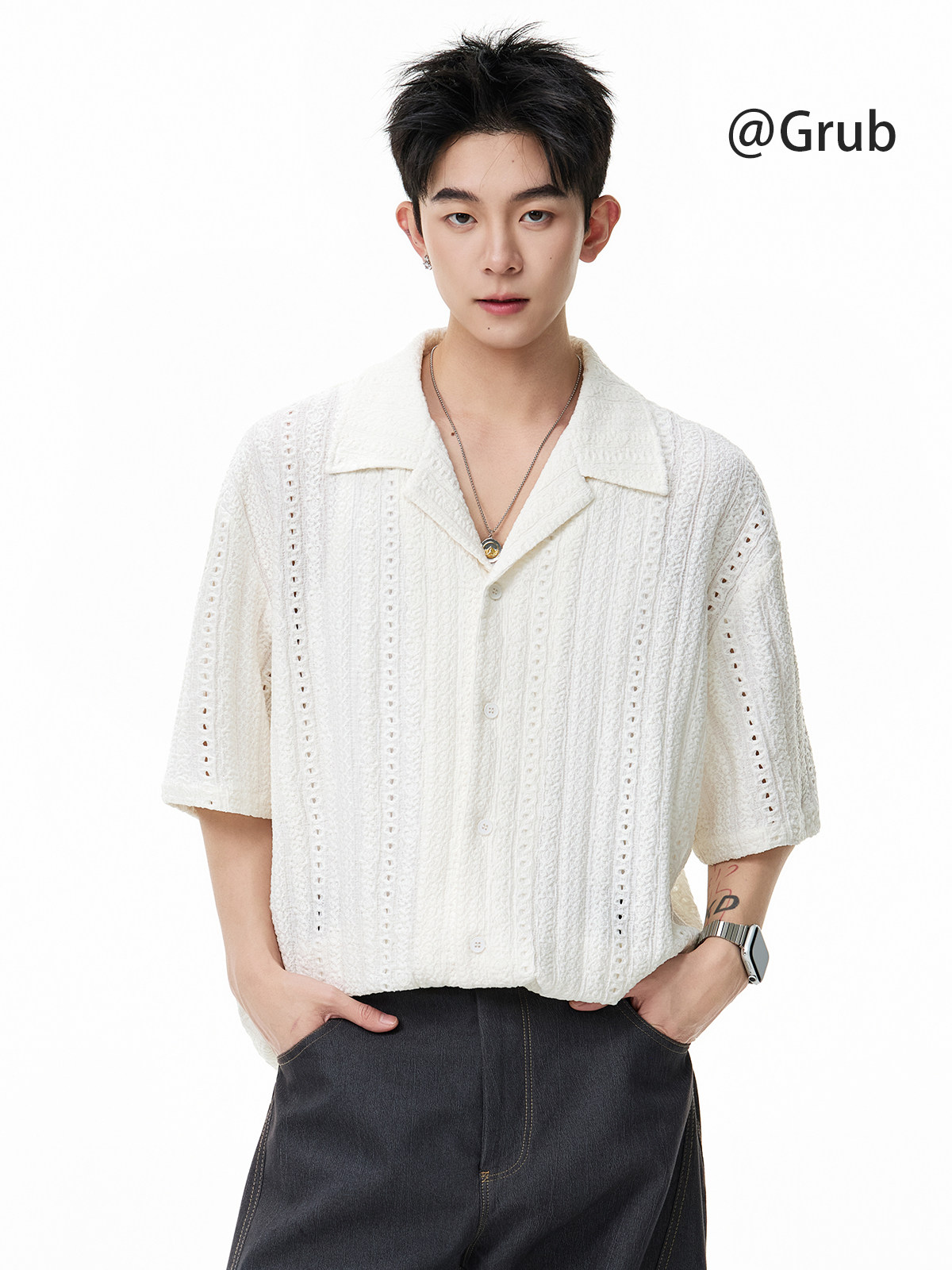 Old Money Style Cuban Collar Hollow-Out Shirt for Men and Women, Summer High Street Design Short-Sleeve Shirt, Retro Loose Half-Sleeve Top