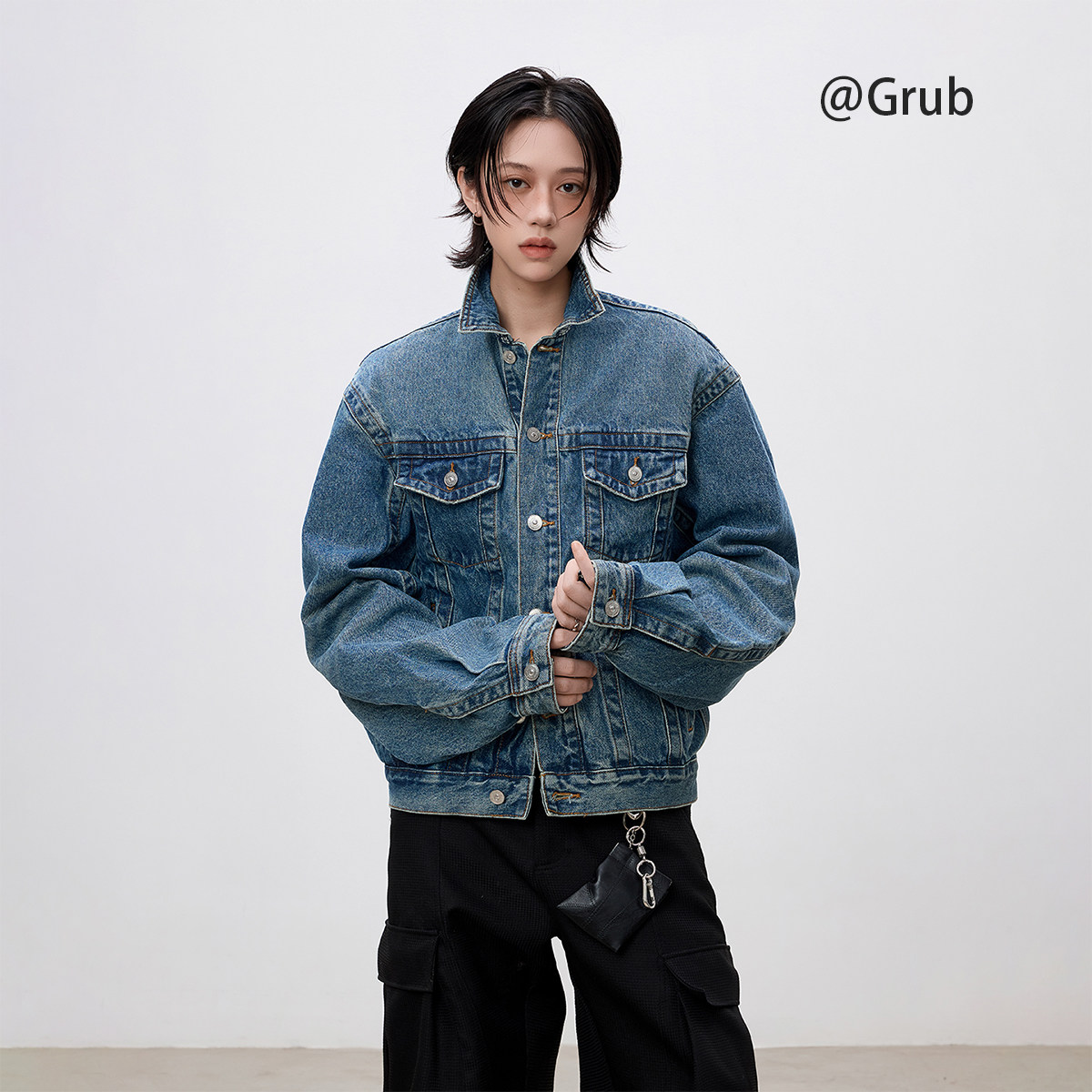 美式蓝色短款牛仔外套男女秋季复古boxy工装夹克潮牌修身翻领上衣