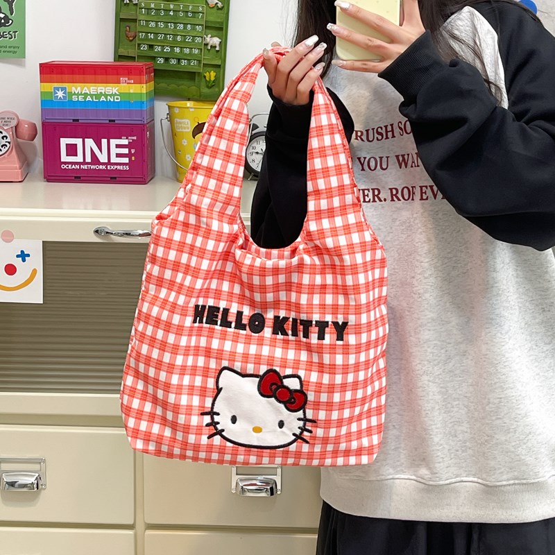 HelloKitty格子刺绣帆布包2025新款可爱休闲单肩包手提通勤百搭包